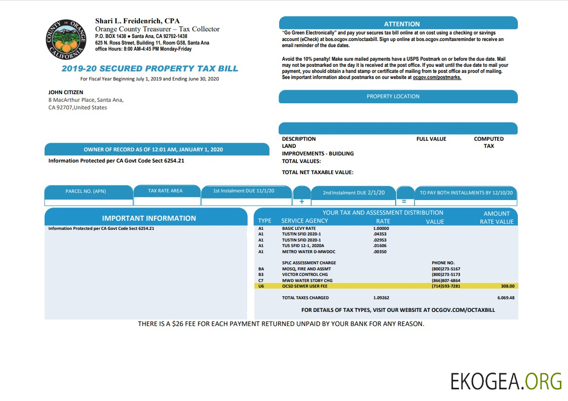 USA County of Orange California property tax bill template in Word and PDF format